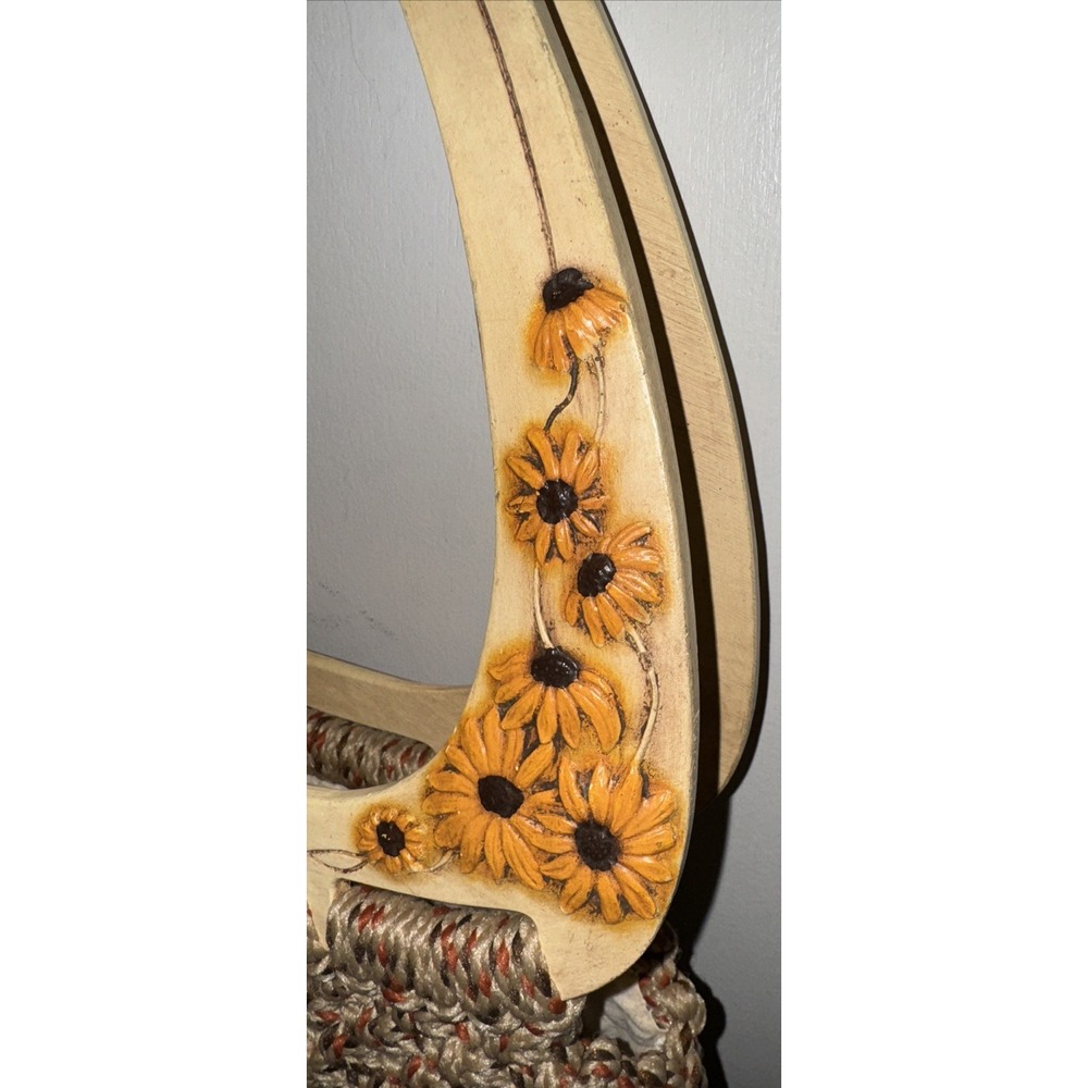 Vtg Handmade Macrame Wood Handle Carved Sunflowers Purse Boho 70's Style - Picture 3 of 12